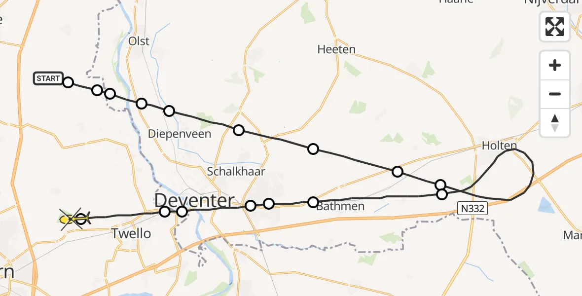 Routekaart van de vlucht: Politieheli naar Vliegveld Teuge