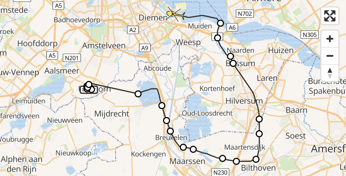 Routekaart van de vlucht: Politieheli naar Amsterdam