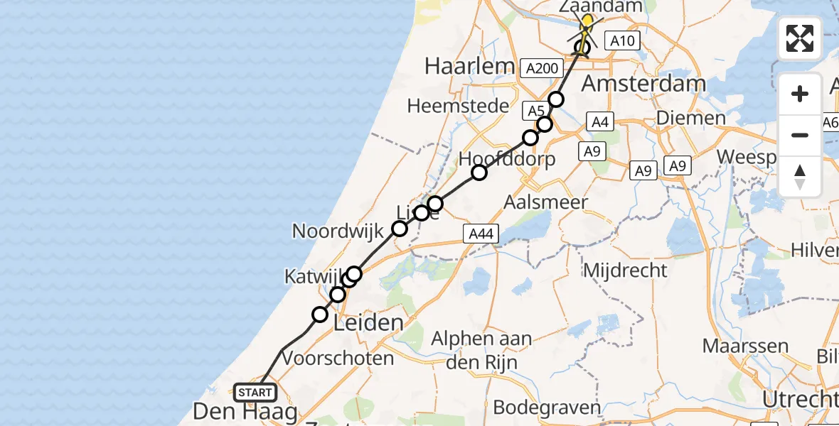 Routekaart van de vlucht: Lifeliner 1 naar Amsterdam Heliport