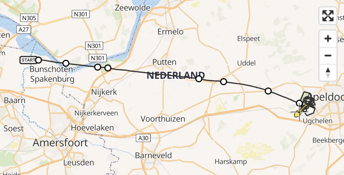 Routekaart van de vlucht: Politieheli naar Apeldoorn