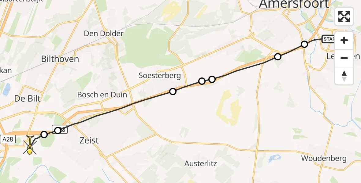 Routekaart van de vlucht: Lifeliner 1 naar Universitair Medisch Centrum Utrecht