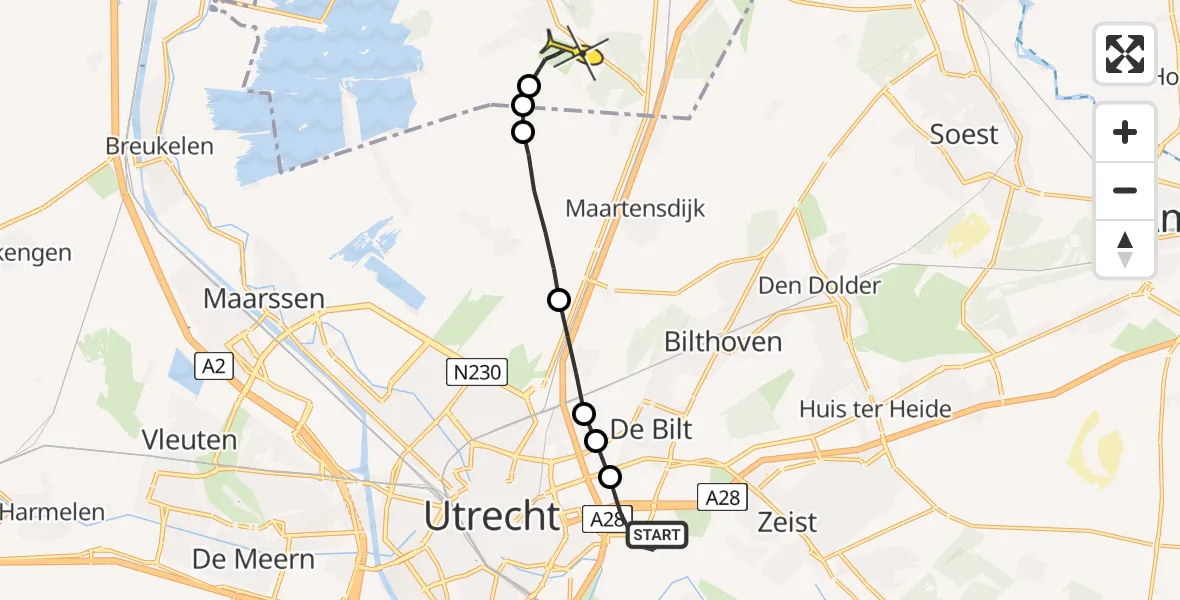 Routekaart van de vlucht: Lifeliner 1 naar Vliegveld Hilversum