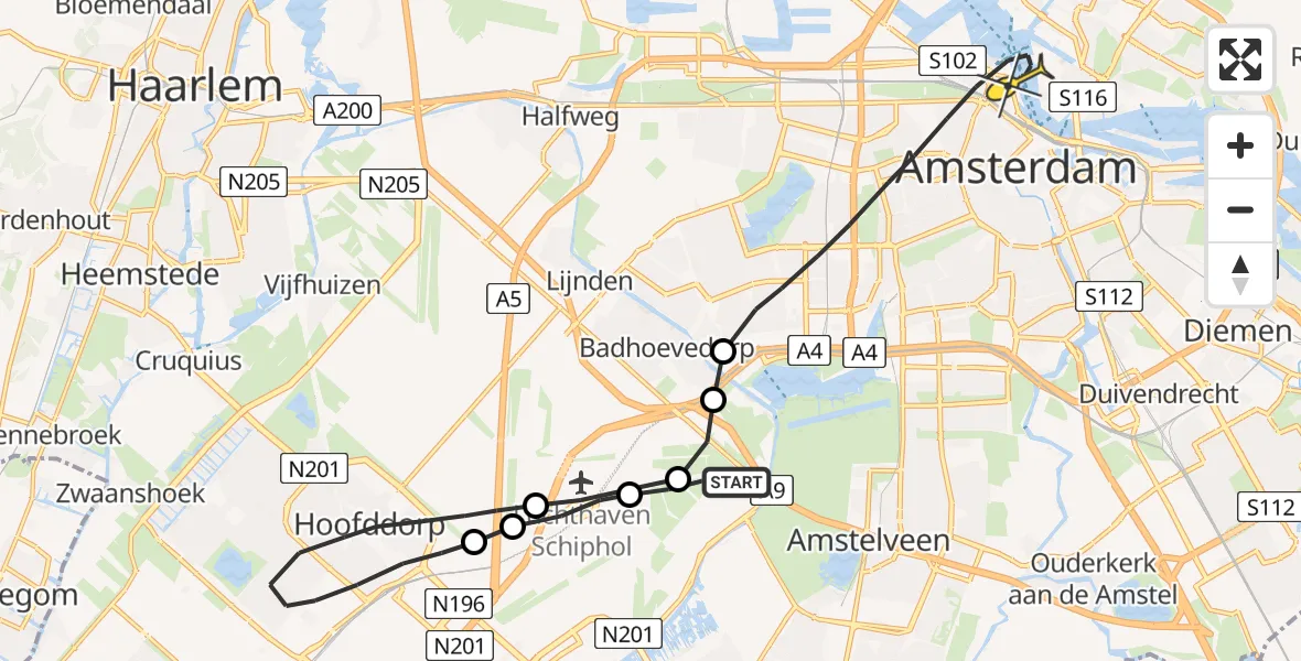 Routekaart van de vlucht: Lifeliner 1 naar Amsterdam