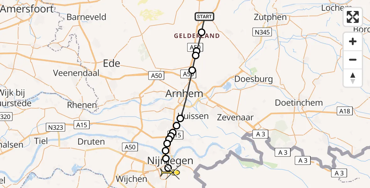 Routekaart van de vlucht: Lifeliner 3 naar Radboud Universitair Medisch Centrum