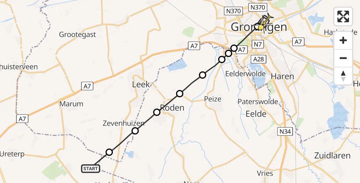 Routekaart van de vlucht: Politieheli naar Universitair Medisch Centrum Groningen