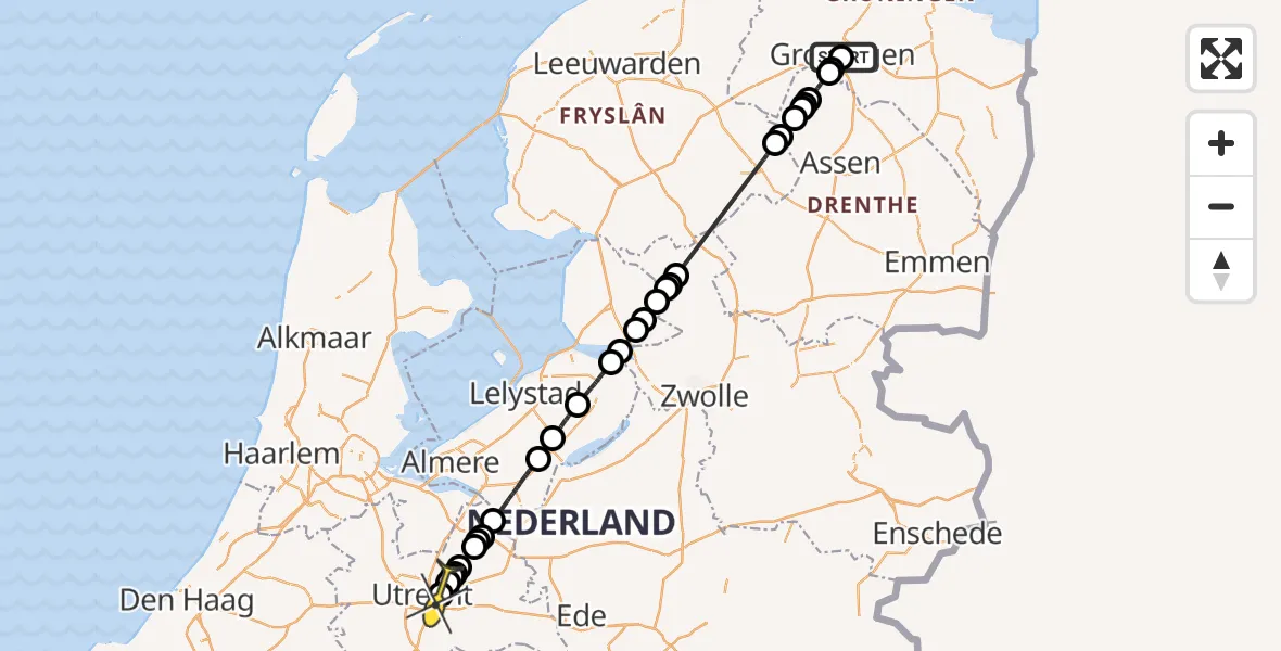 Routekaart van de vlucht: Politiehelikopter naar Universitair Medisch Centrum Utrecht