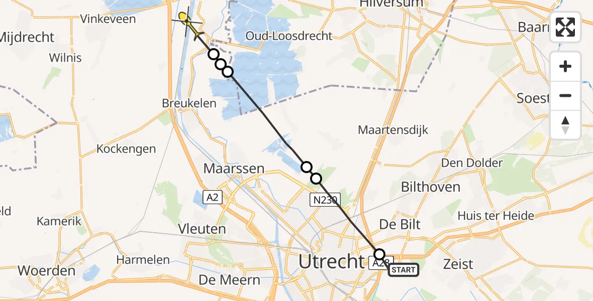 Routekaart van de vlucht: Politiehelikopter naar Loenen aan de Vecht
