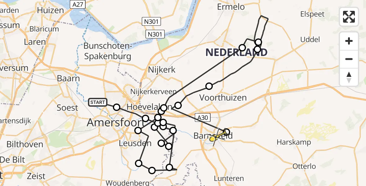 Routekaart van de vlucht: Politieheli naar Barneveld