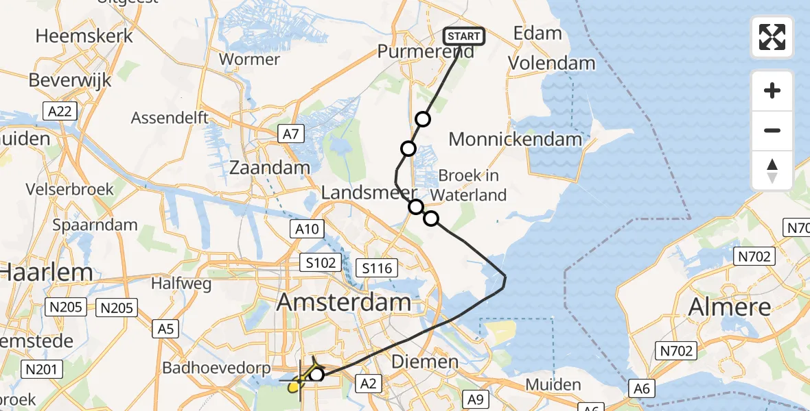 Routekaart van de vlucht: Lifeliner 1 naar VU Medisch Centrum Amsterdam