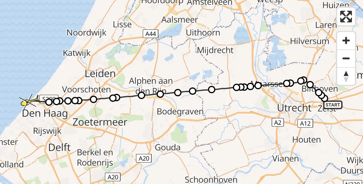 Routekaart van de vlucht: Lifeliner 1 naar Den Haag