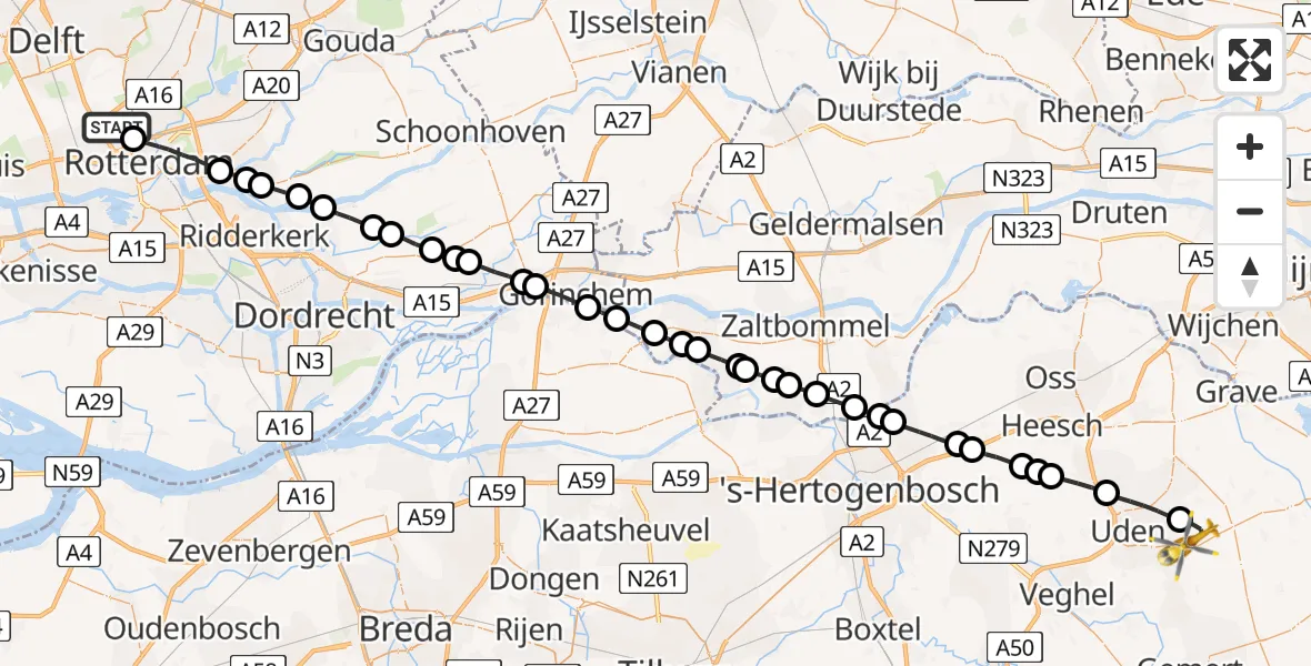 Vluchtroute Traumahelikopter Rotterdam The Hague Airport - Vliegbasis Volkel, 12 maart 2023, 16:05