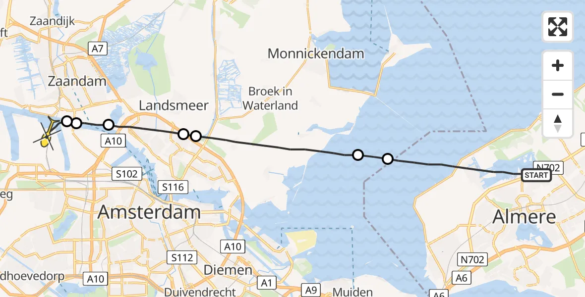 Routekaart van de vlucht: Lifeliner 1 naar Amsterdam Heliport