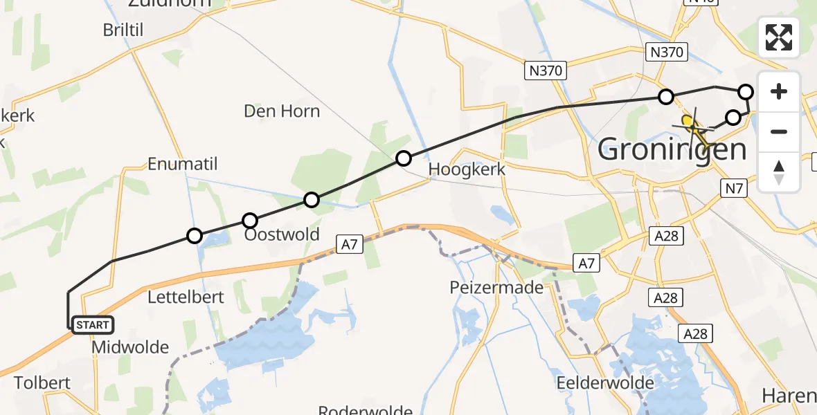 Routekaart van de vlucht: Lifeliner 4 naar Universitair Medisch Centrum Groningen