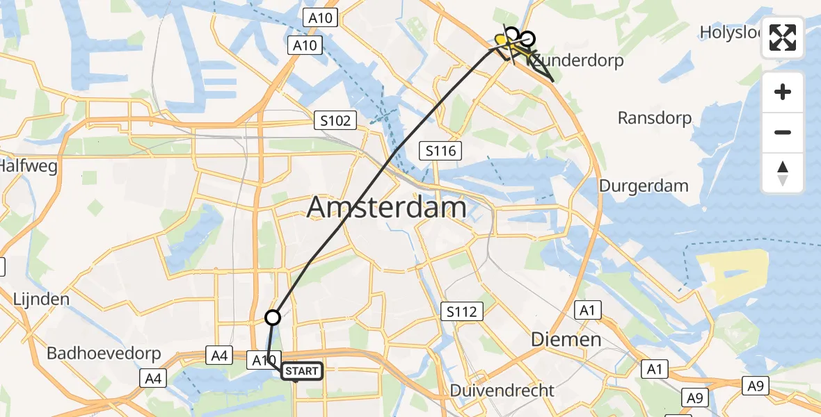 Routekaart van de vlucht: Lifeliner 1 naar Amsterdam