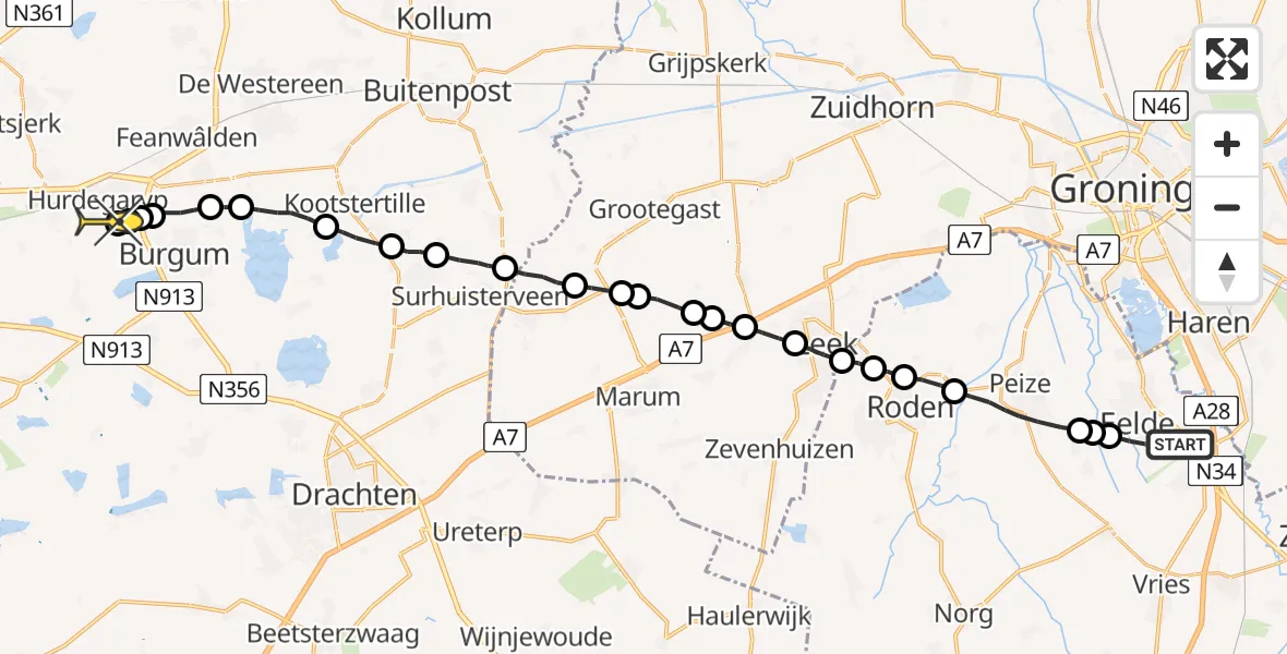 Routekaart van de vlucht: Lifeliner 4 naar Hurdegaryp