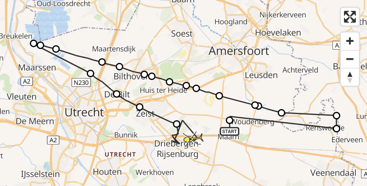 Routekaart van de vlucht: Politieheli naar Driebergen-Rijsenburg