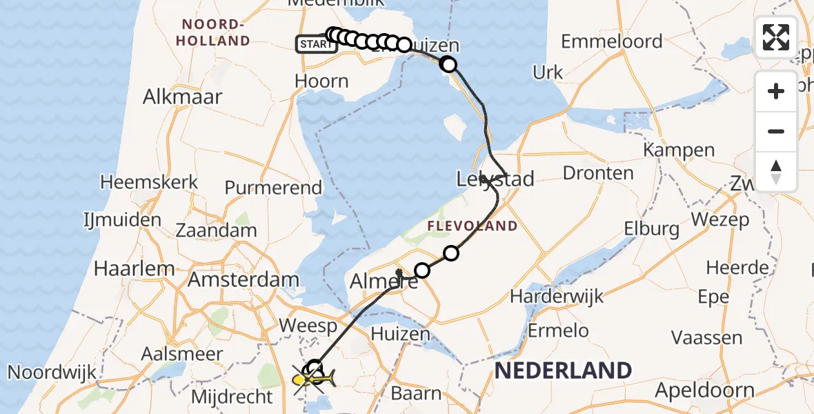 Routekaart van de vlucht: Politieheli naar Kortenhoef