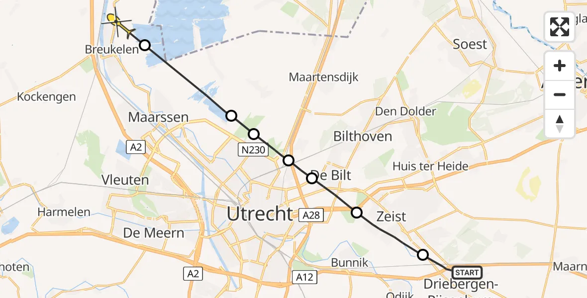 Routekaart van de vlucht: Politieheli naar Breukelen