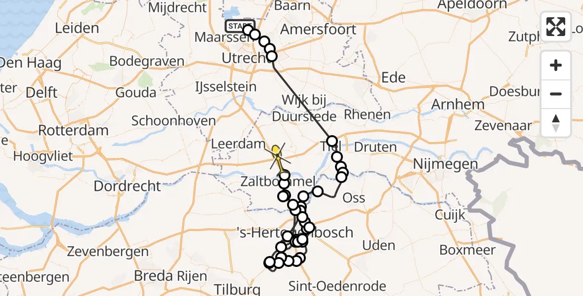 Routekaart van de vlucht: Politieheli naar Waardenburg