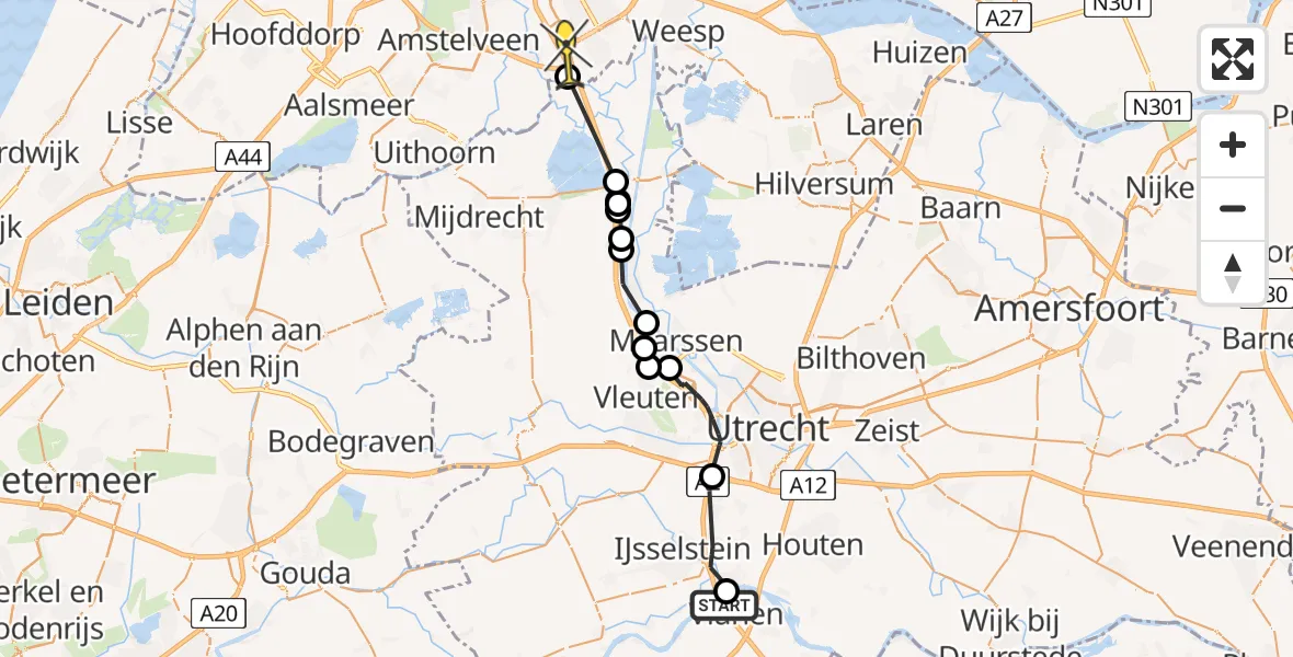 Routekaart van de vlucht: Politiehelikopter naar Academisch Medisch Centrum (AMC)