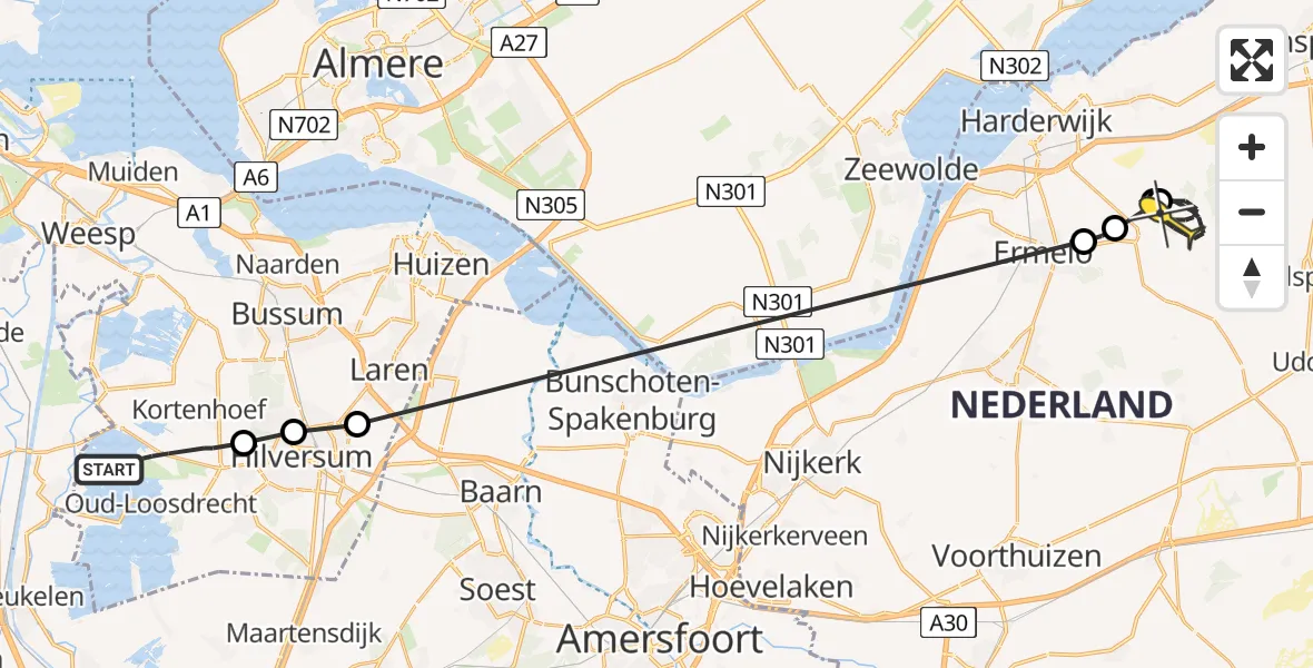 Routekaart van de vlucht: Politiehelikopter naar Ermelo