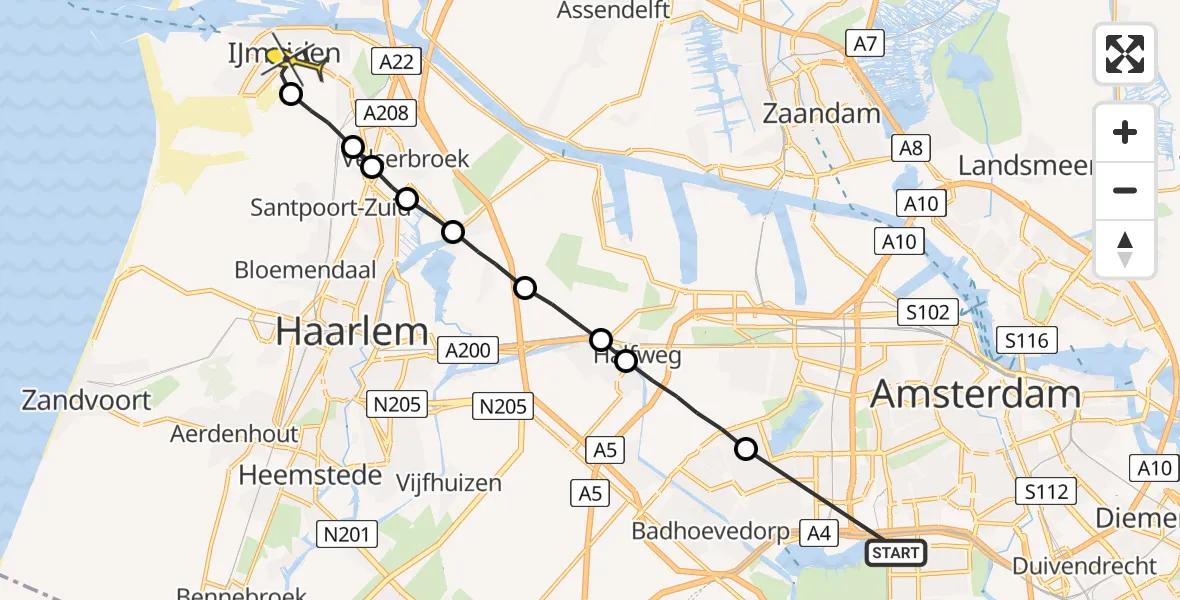 Routekaart van de vlucht: Lifeliner 1 naar IJmuiden