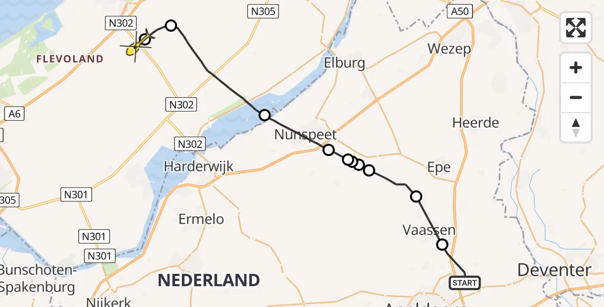 Routekaart van de vlucht: Politieheli naar Lelystad Airport