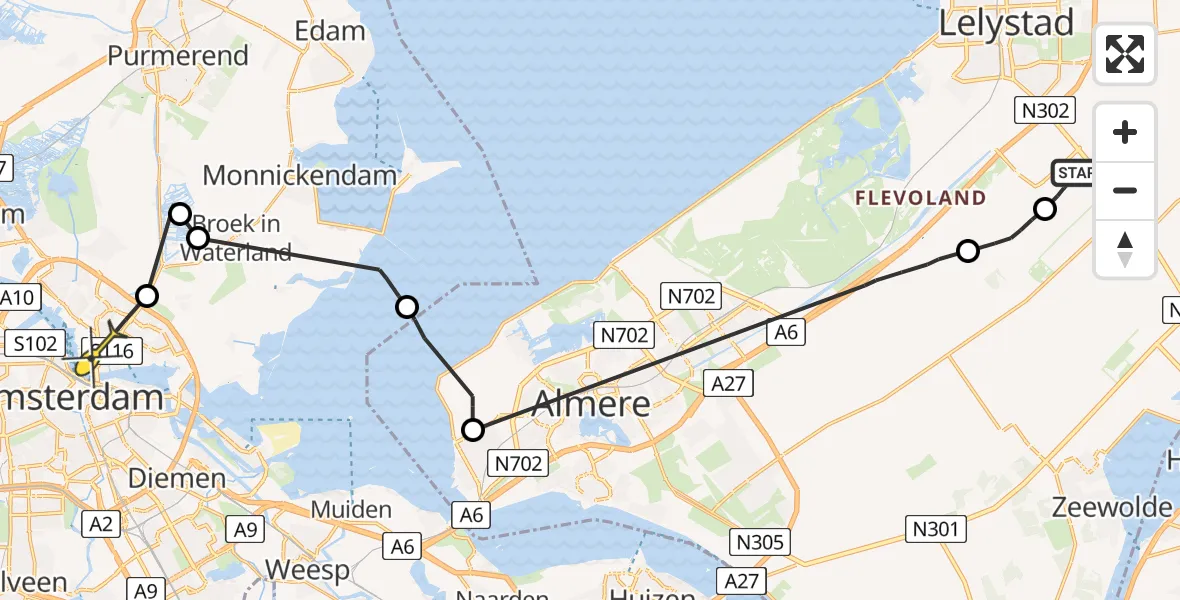 Vluchtroute Politiehelikopter van Lelystad Airport naar Amsterdam