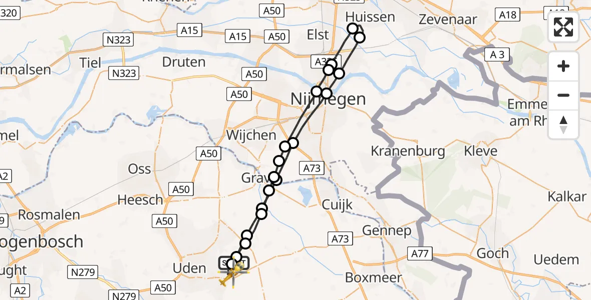 Vluchtroute Traumahelikopter Vliegbasis Volkel - Vliegbasis Volkel, 15 maart 2023, 10:13