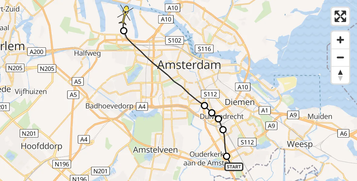 Routekaart van de vlucht: Lifeliner 1 naar Amsterdam Heliport