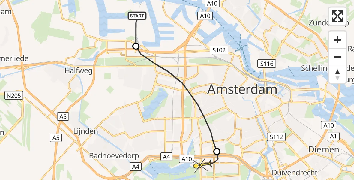Routekaart van de vlucht: Lifeliner 1 naar VU Medisch Centrum Amsterdam