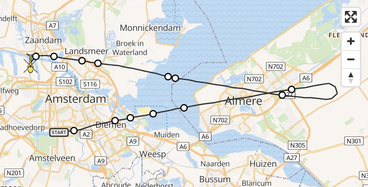 Routekaart van de vlucht: Lifeliner 1 naar Amsterdam Heliport