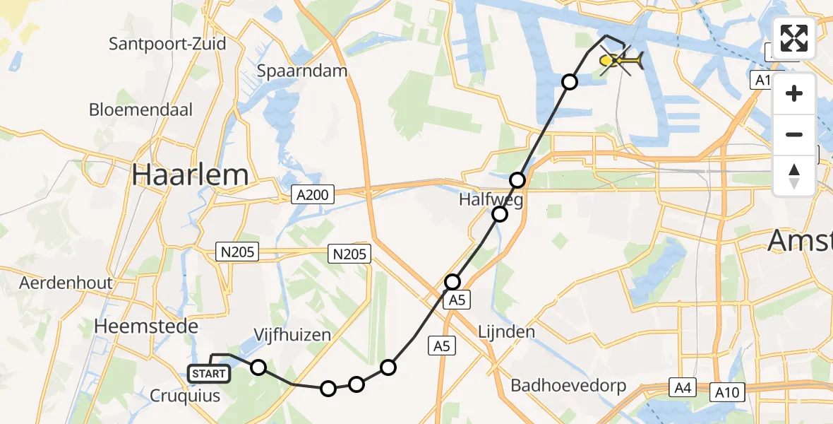 Routekaart van de vlucht: Lifeliner 1 naar Amsterdam Heliport