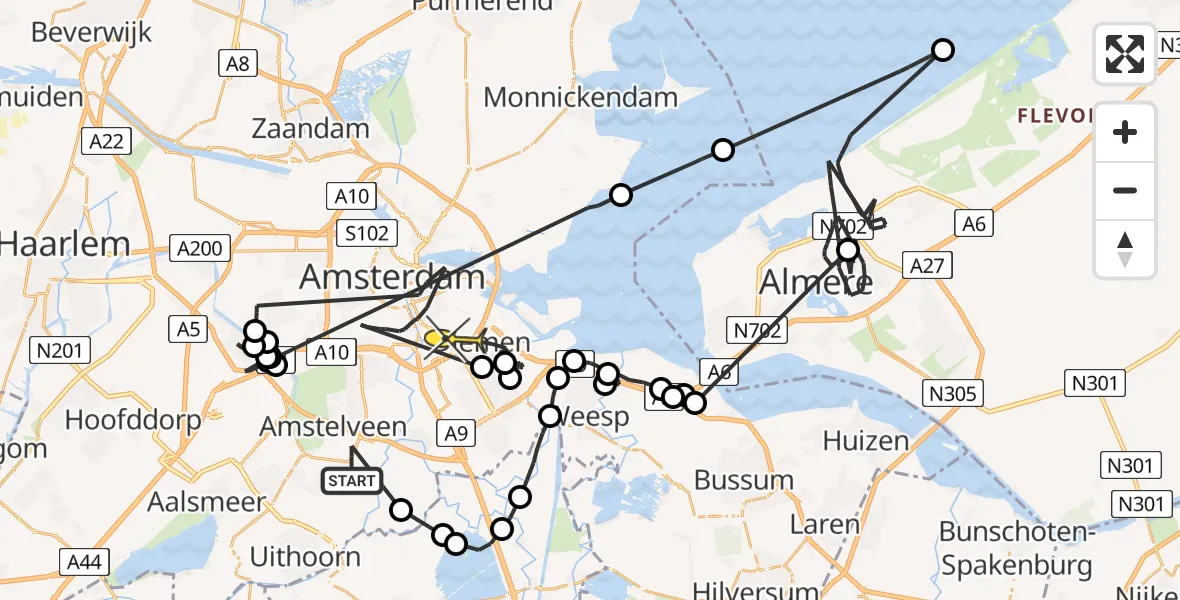 Routekaart van de vlucht: Politieheli naar Amsterdam