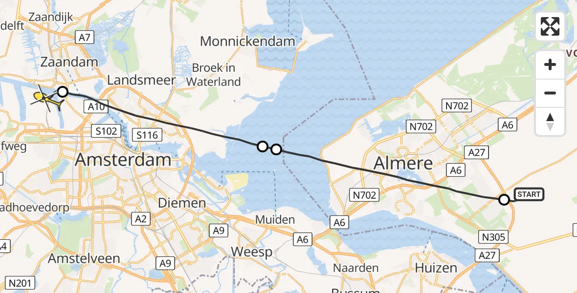 Routekaart van de vlucht: Lifeliner 1 naar Amsterdam Heliport