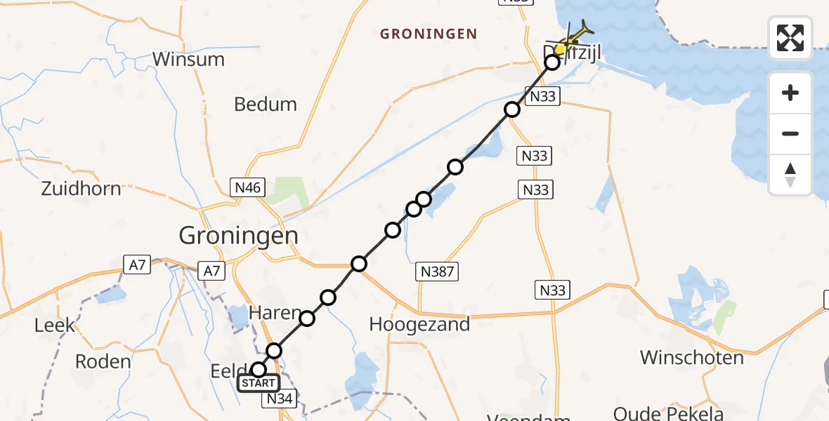 Routekaart van de vlucht: Lifeliner 4 naar Delfzijl