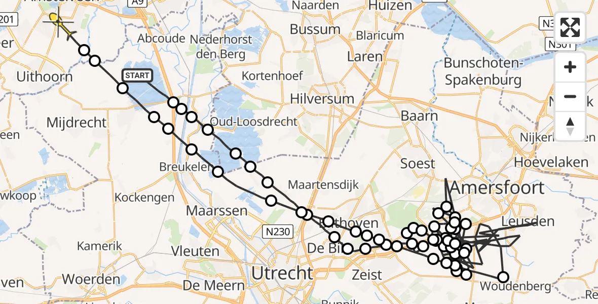 Routekaart van de vlucht: Politieheli naar Amstelveen