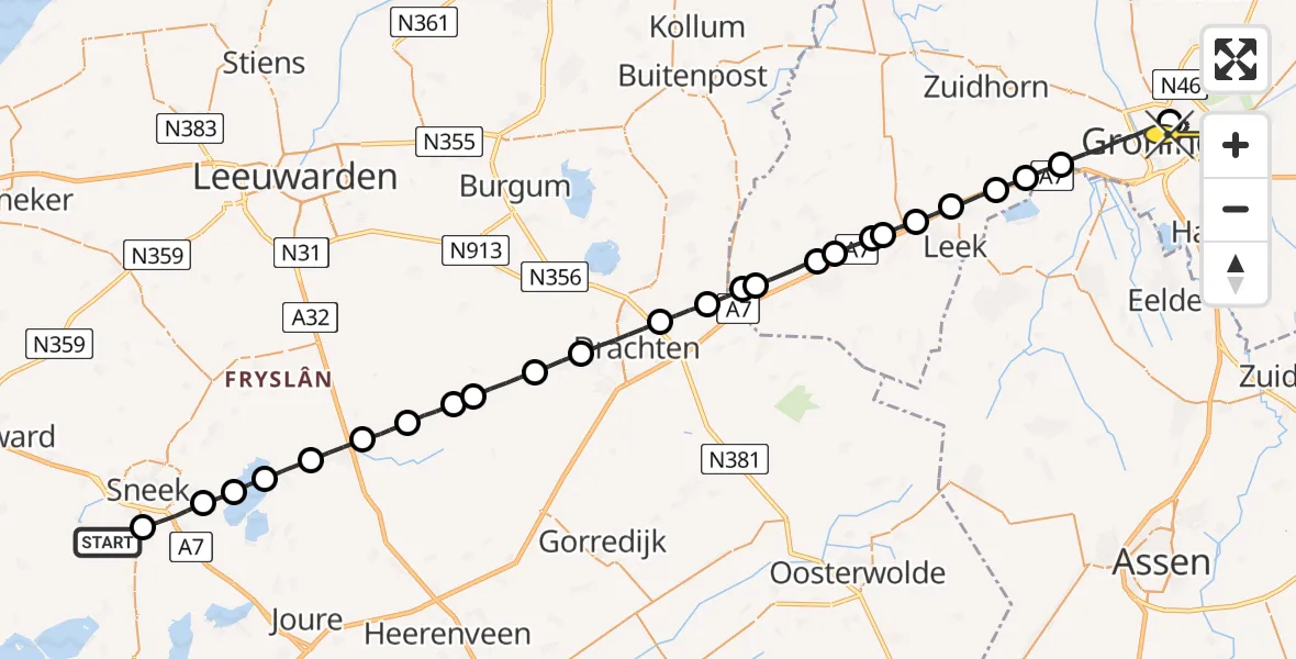 Routekaart van de vlucht: Lifeliner 4 naar Universitair Medisch Centrum Groningen