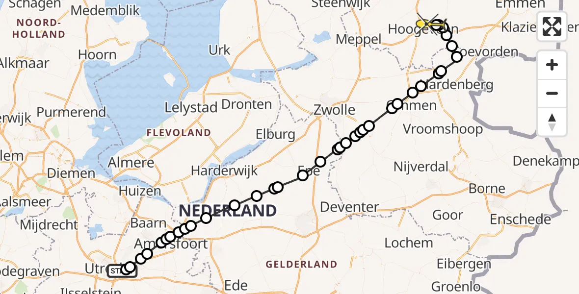 Routekaart van de vlucht: Lifeliner 1 naar Vliegveld Hoogeveen