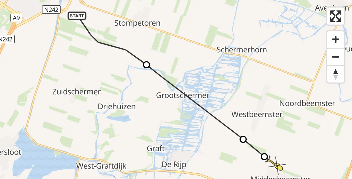 Routekaart van de vlucht: Politieheli naar Middenbeemster