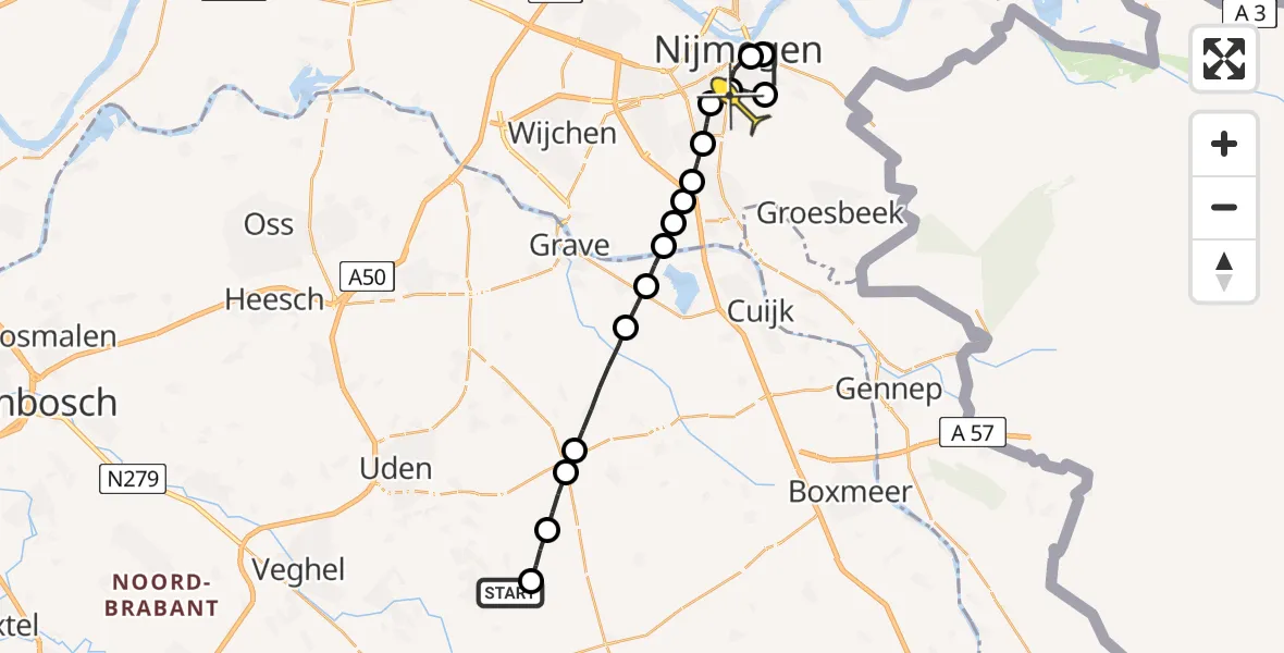 Routekaart van de vlucht: Lifeliner 3 naar Radboud Universitair Medisch Centrum