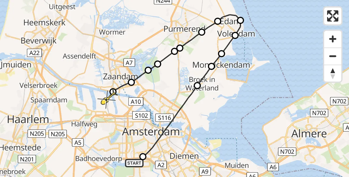 Routekaart van de vlucht: Lifeliner 1 naar Amsterdam Heliport