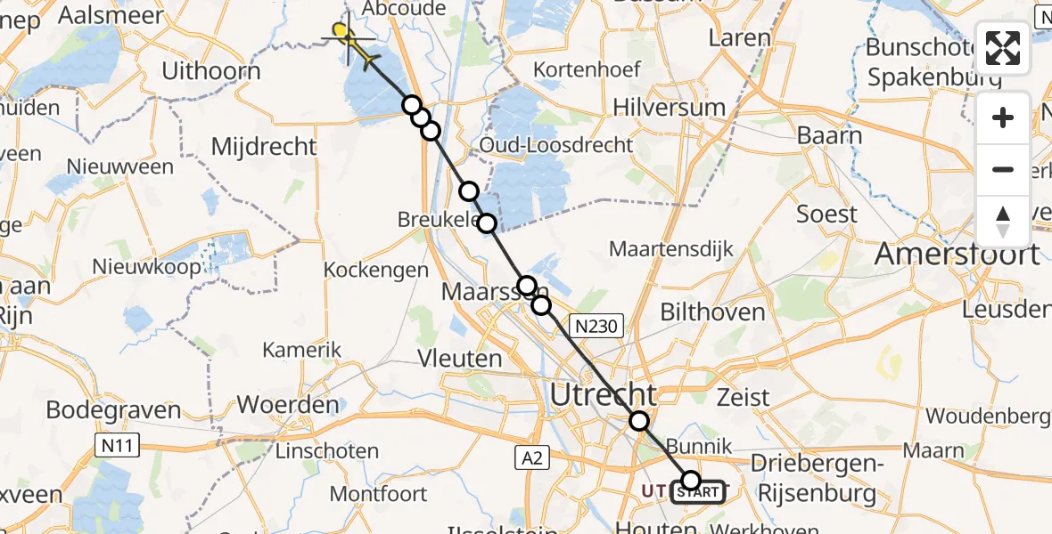 Routekaart van de vlucht: Politiehelikopter naar Abcoude