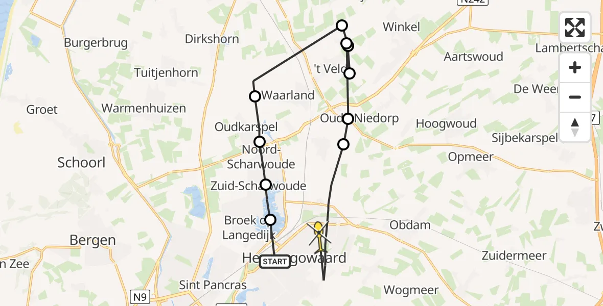 Routekaart van de vlucht: Politieheli naar Heerhugowaard