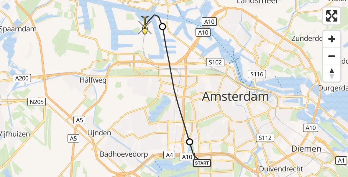 Routekaart van de vlucht: Lifeliner 1 naar Amsterdam Heliport