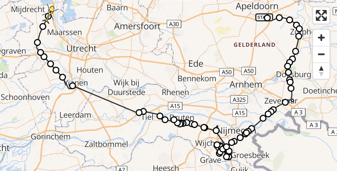 Routekaart van de vlucht: Politieheli naar Nieuwer Ter Aa