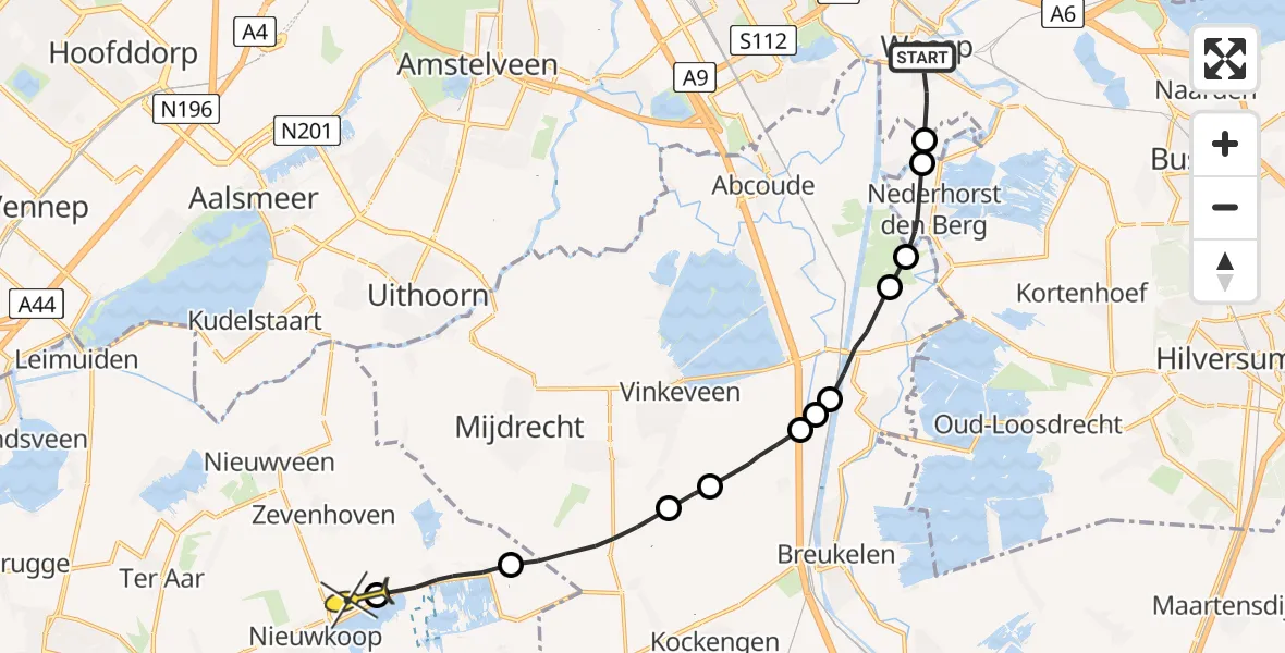 Routekaart van de vlucht: Politiehelikopter naar Nieuwkoop