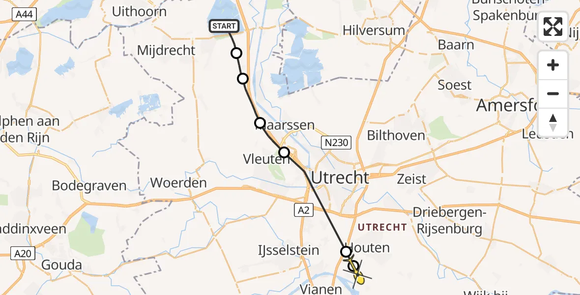 Routekaart van de vlucht: Politieheli naar Tull en 't Waal