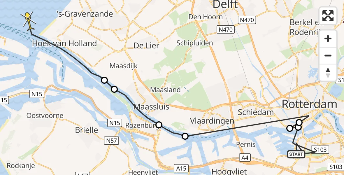 Routekaart van de vlucht: Politieheli naar Hoek van Holland