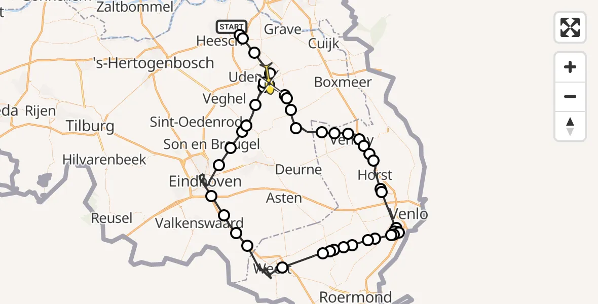 Vluchtroute Politiehelikopter van Berghem naar Vliegbasis Volkel
